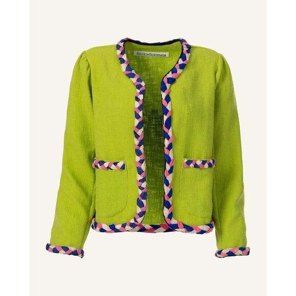 Alix of Bohemia Chartreuse Braided Trim Boho Jacket Green Cotton Small - Picture 3 of 16